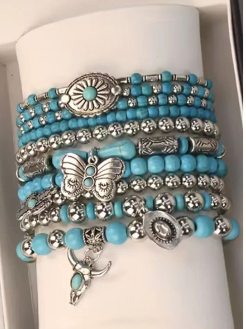 NWT Western Bohemian 10pc Stacking Faux Turquoise & Silver Beads Bracelet Set